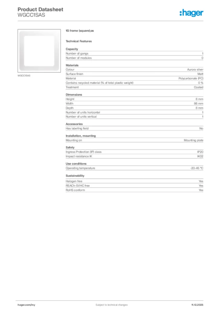 Image Hager Product data sheet WGCC1SAS  | Hager
