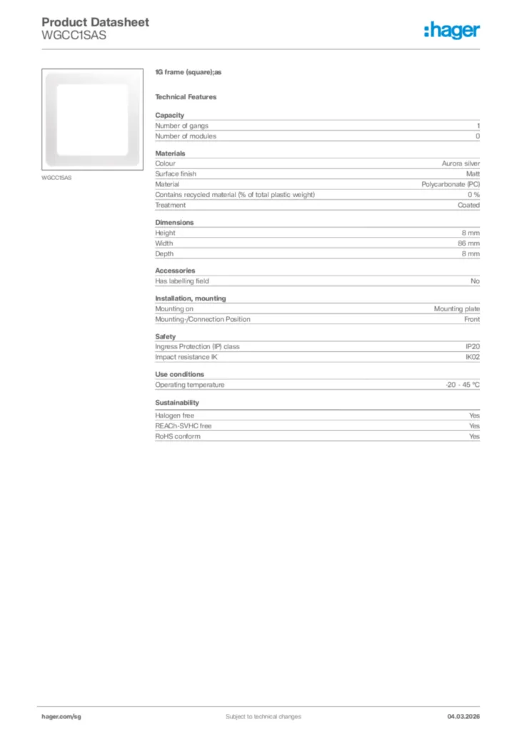 Image Hager Product data sheet WGCC1SAS  | Hager