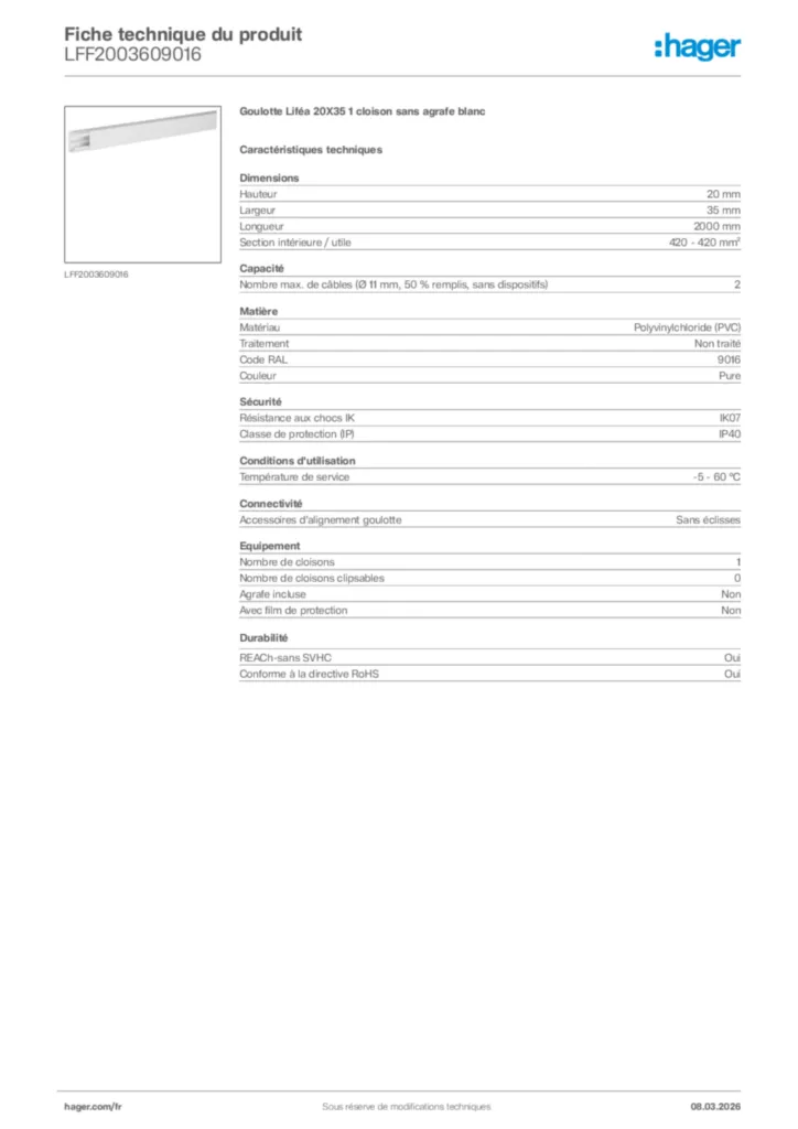 Image Hager Fiche technique du produit LFF2003609016 | Hager France