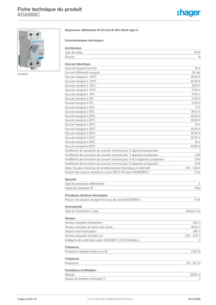 Image Hager Fiche technique du produit ADA966C | Hager Suisse