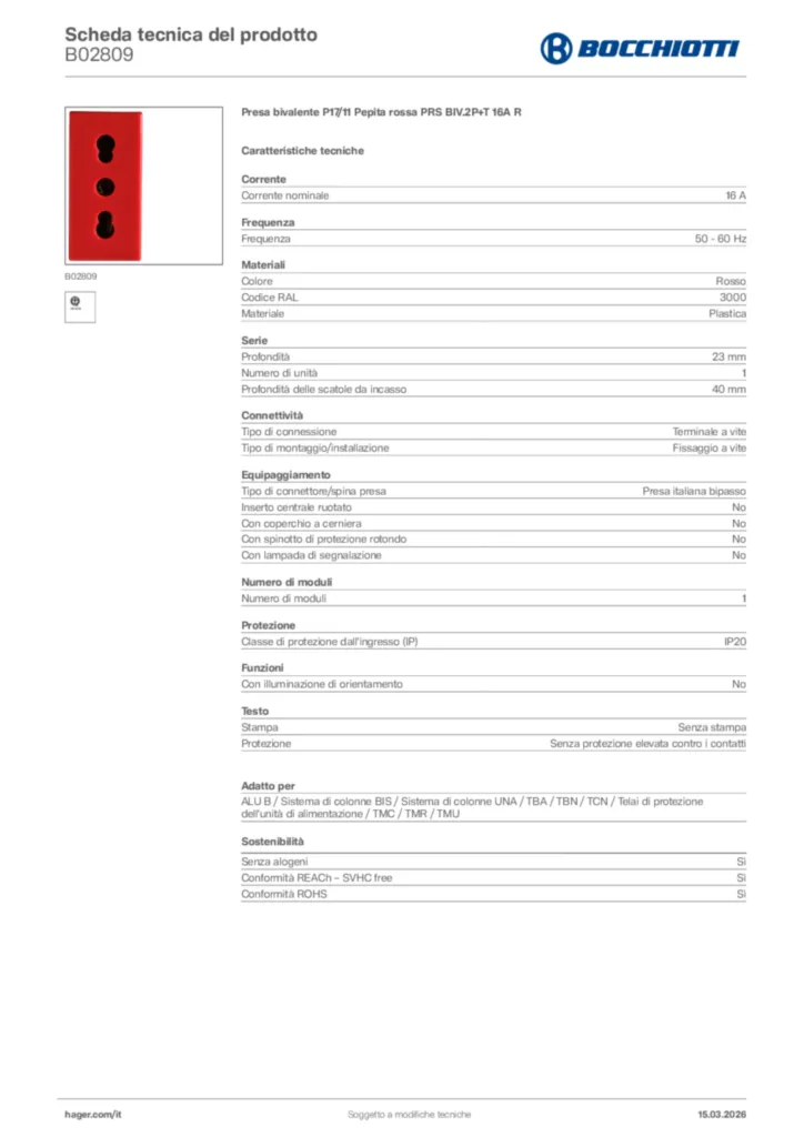 Immagine Bocchiotti Scheda tecnica del prodotto B02809 | Hager Italia