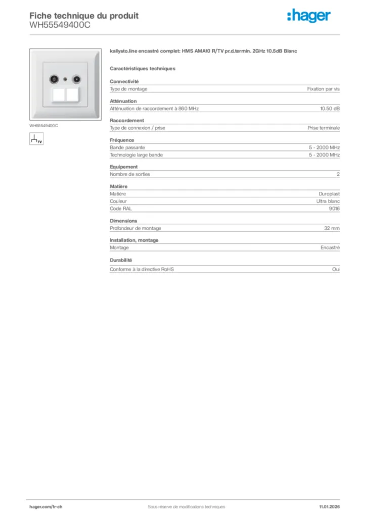 Image Hager Fiche technique du produit WH55549400C | Hager Suisse