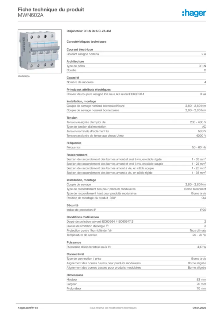 Image Hager Fiche technique du produit MWN602A | Hager Belgique
