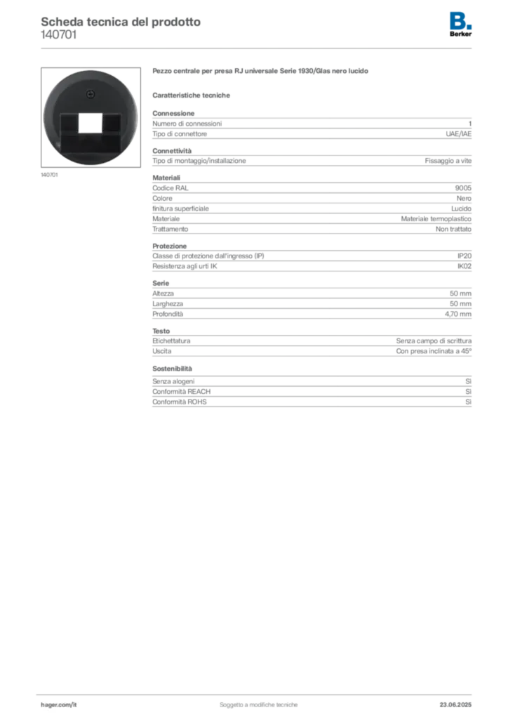 Immagine Berker Scheda tecnica del prodotto 140701 | Hager Italia