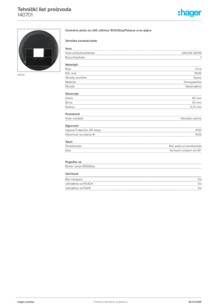 Slika Hager Product data sheet 140701  | Hager
