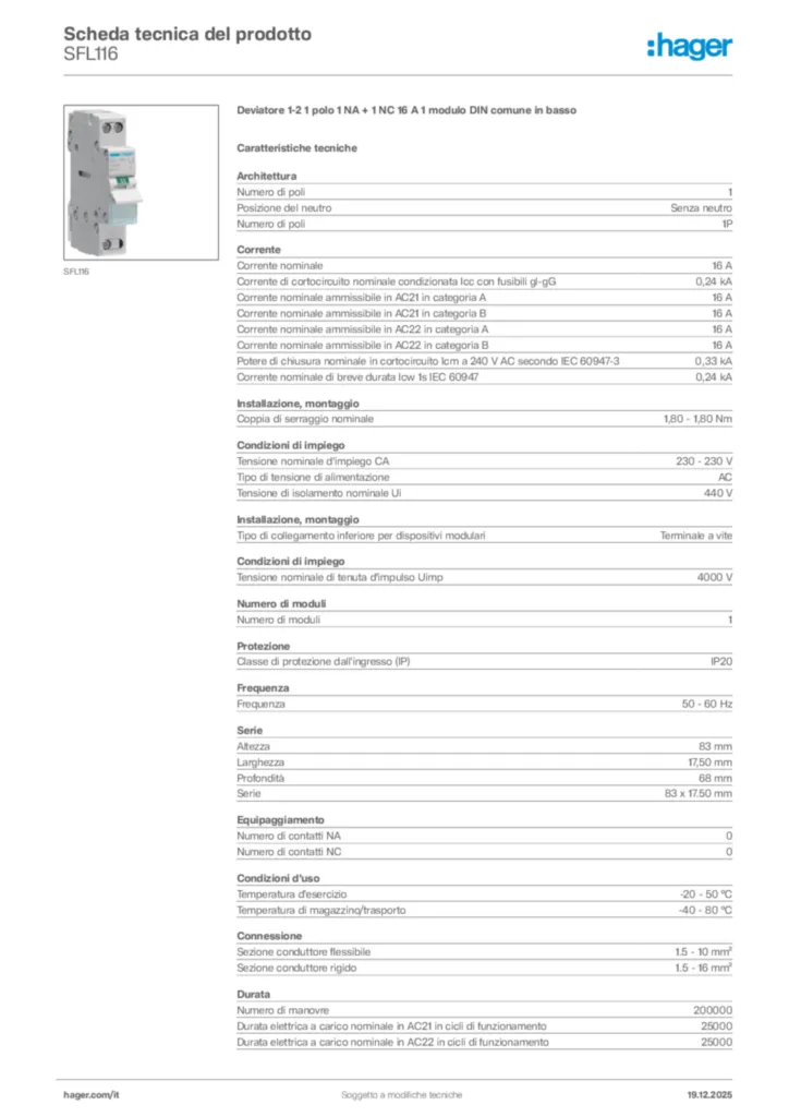 Immagine Hager Scheda tecnica del prodotto SFL116 | Hager Italia