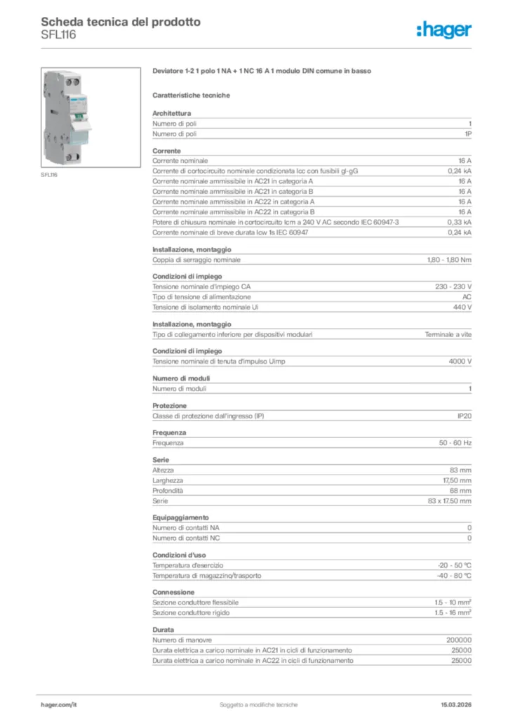 Immagine Hager Scheda tecnica del prodotto SFL116 | Hager Italia