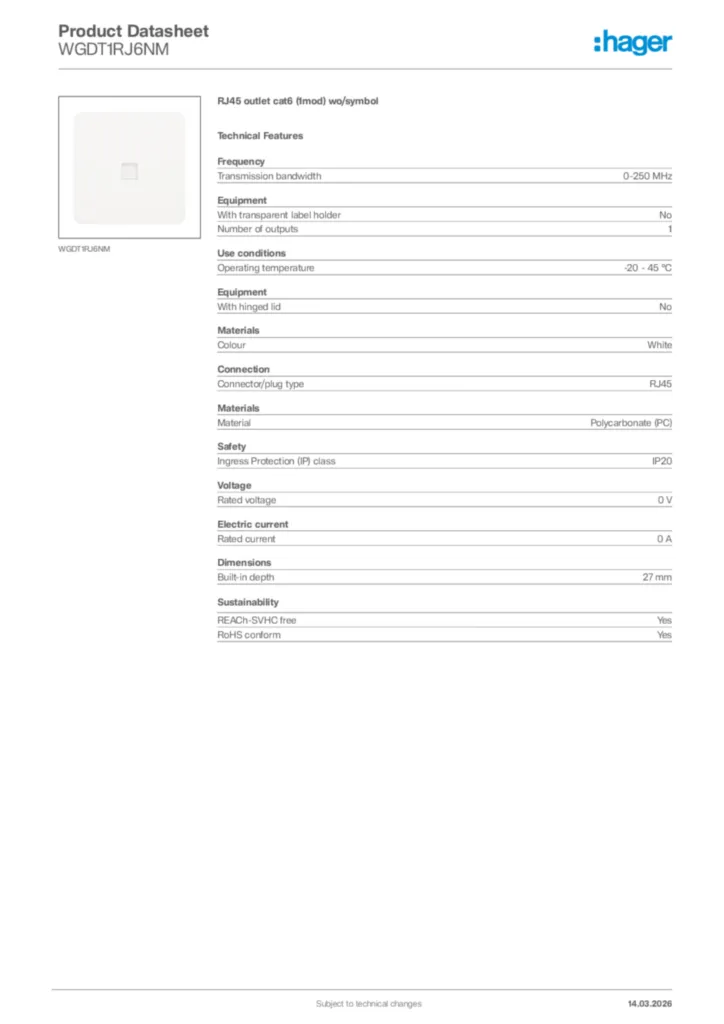 Image Hager Product data sheet WGDT1RJ6NM  | Hager Africa