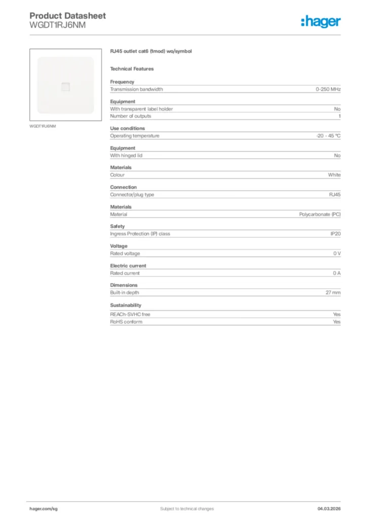 Image Hager Product data sheet WGDT1RJ6NM  | Hager