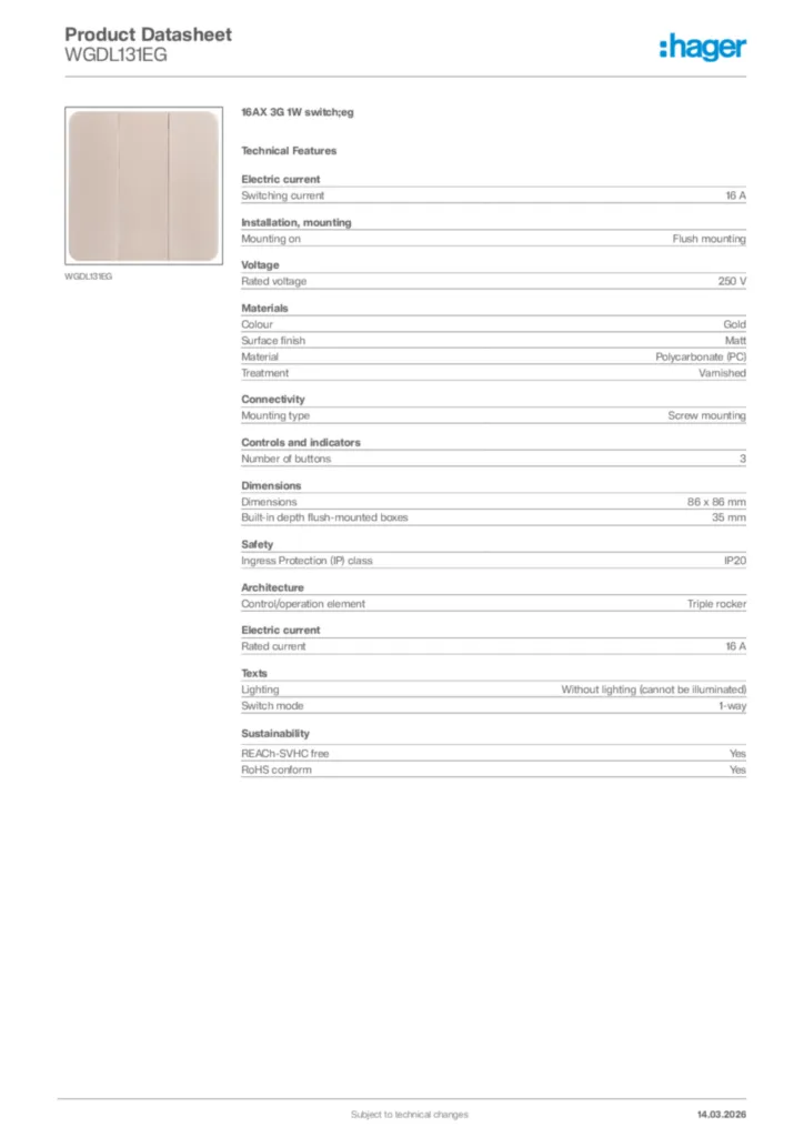 Image Hager Product data sheet WGDL131EG  | Hager