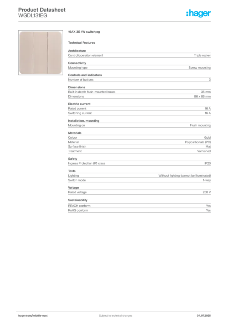 Image Hager Product data sheet WGDL131EG  | Hager
