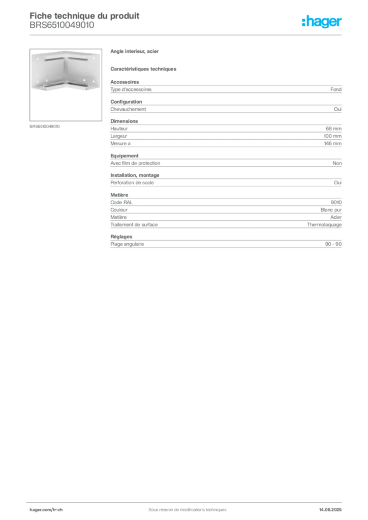 Image Hager Fiche technique du produit BRS6510049010 | Hager Suisse