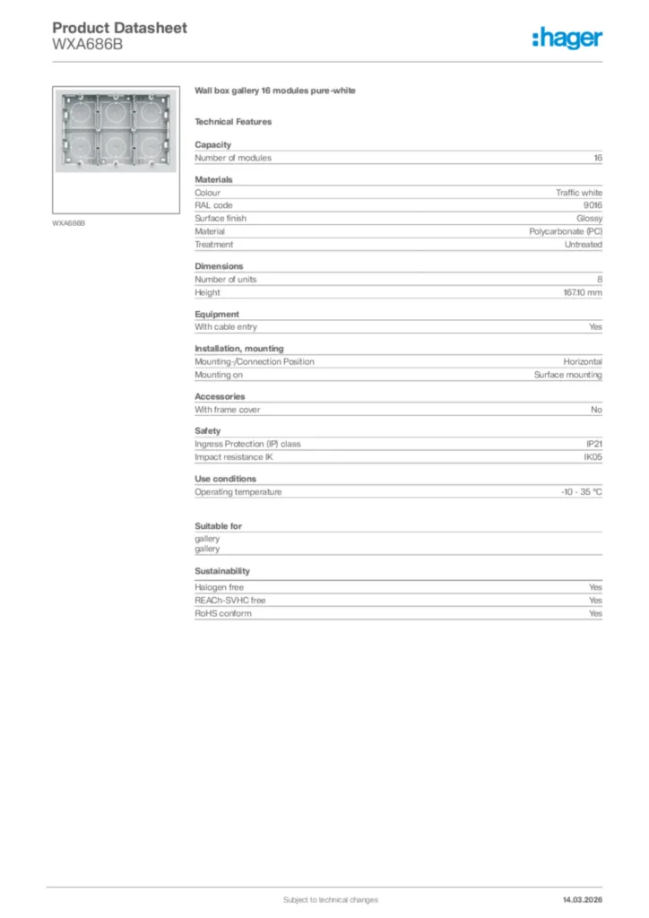Image Hager Product data sheet WXA686B  | Hager Africa