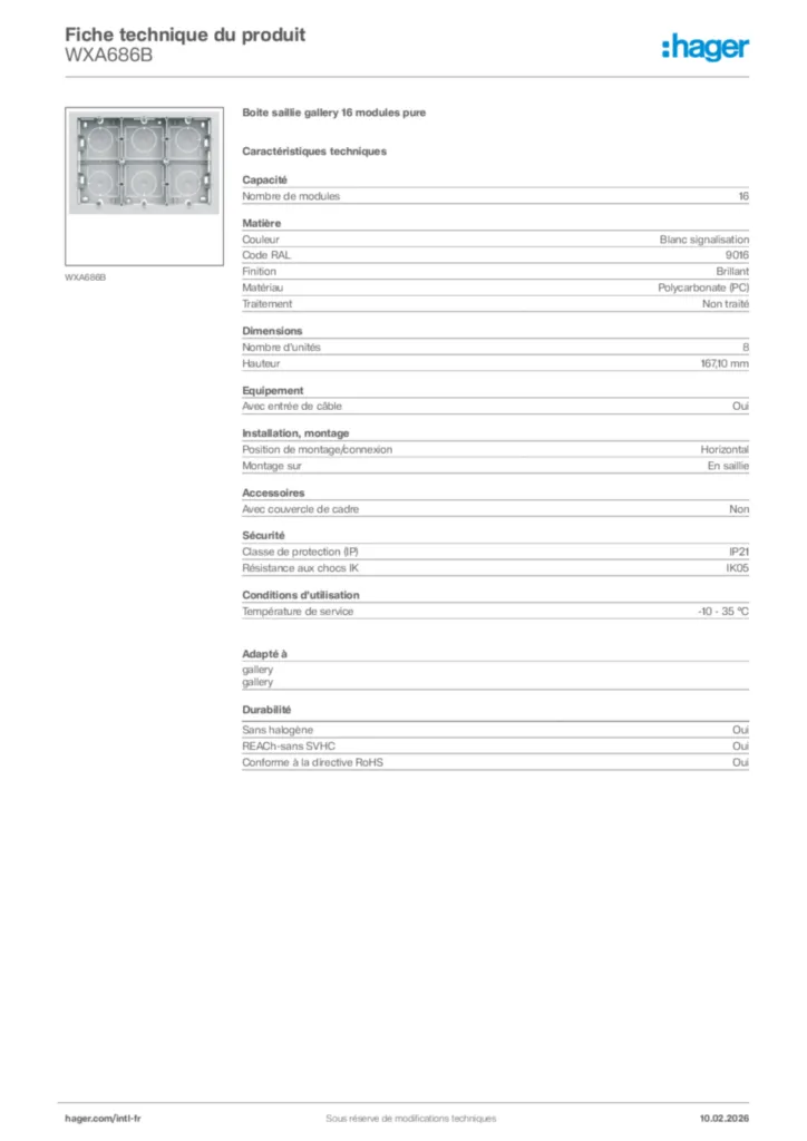 Image Hager Fiche technique du produit WXA686B | Hager Afrique