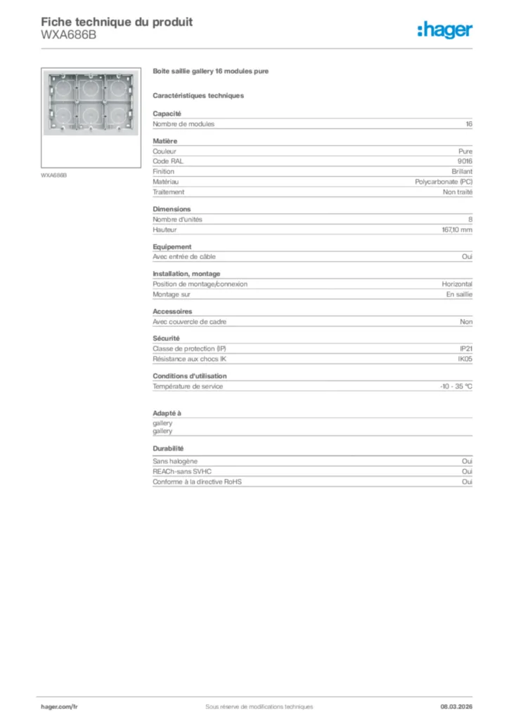 Image Hager Fiche technique du produit WXA686B | Hager France