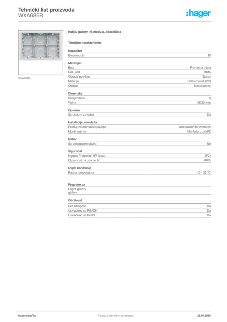 Slika Hager Product data sheet WXA686B  | Hager