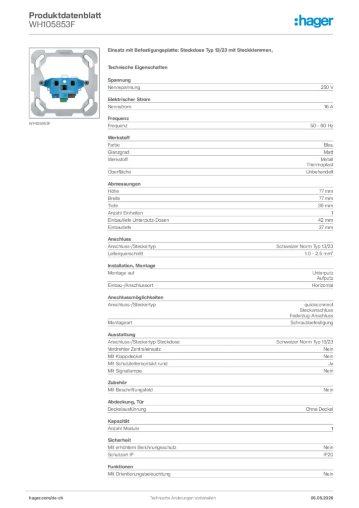 Bild Hager Produktdatenblatt WH105853F | Hager Schweiz