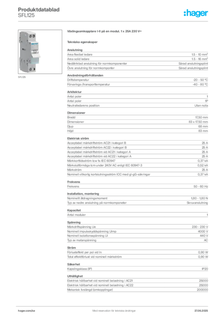 Bild Hager Produktdatablad SFL125 | Hager Sverige
