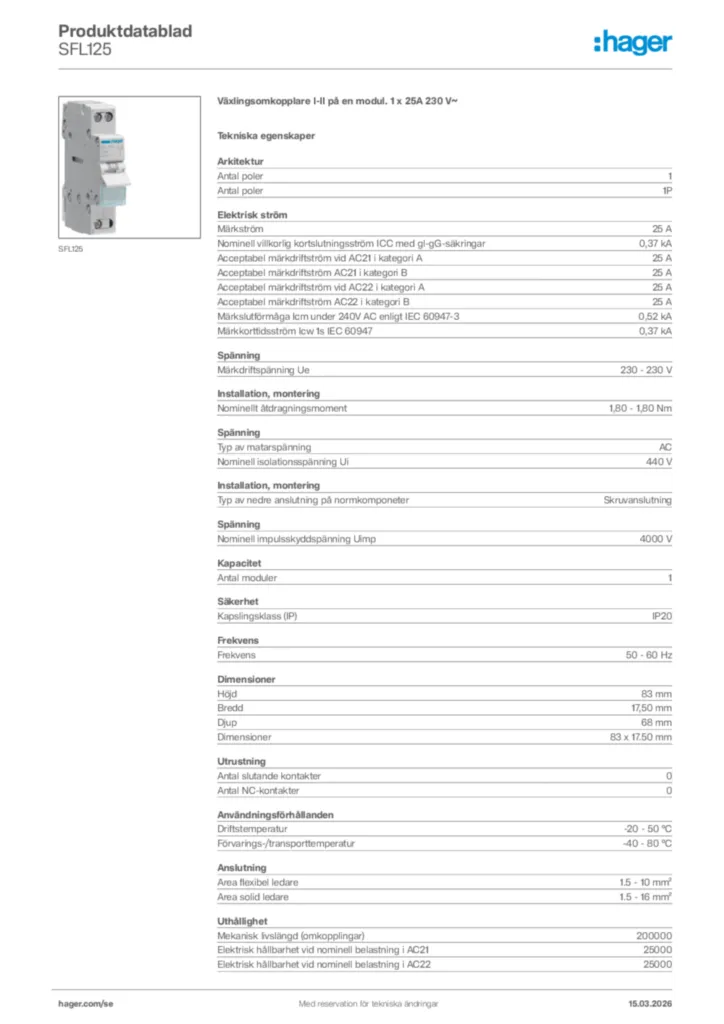 Bild Hager Produktdatablad SFL125 | Hager Sverige