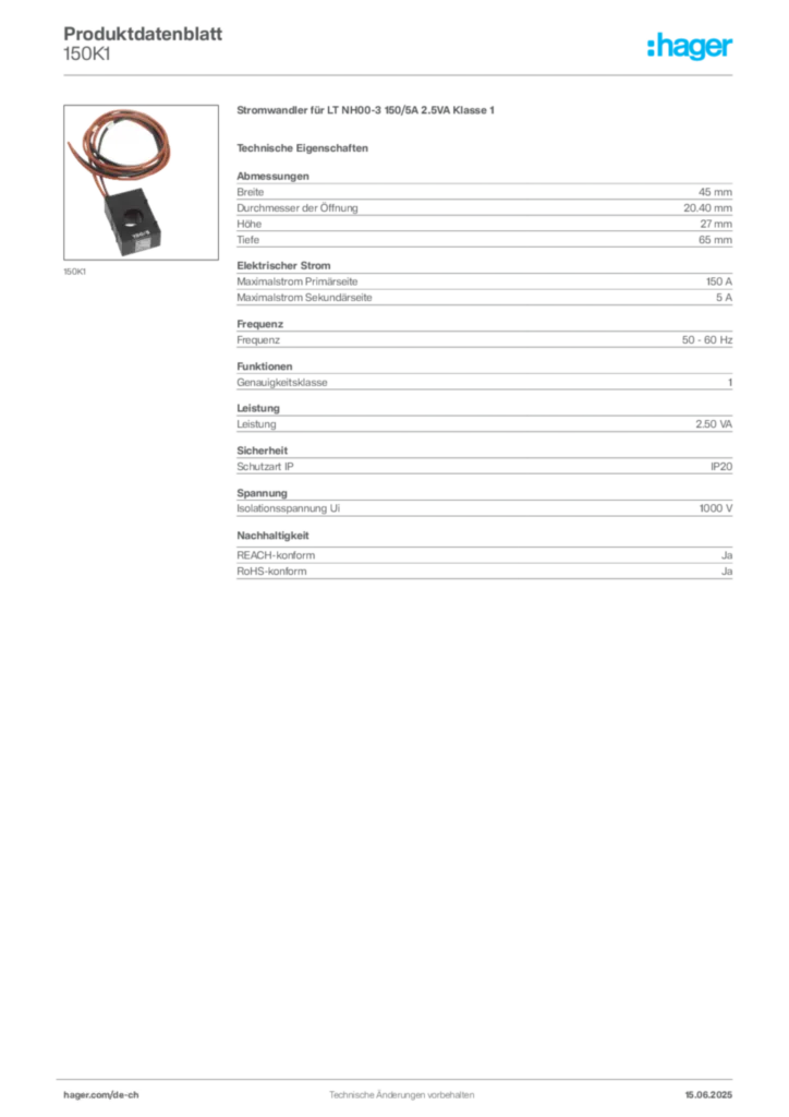 Bild Hager Produktdatenblatt 150K1 | Hager Schweiz