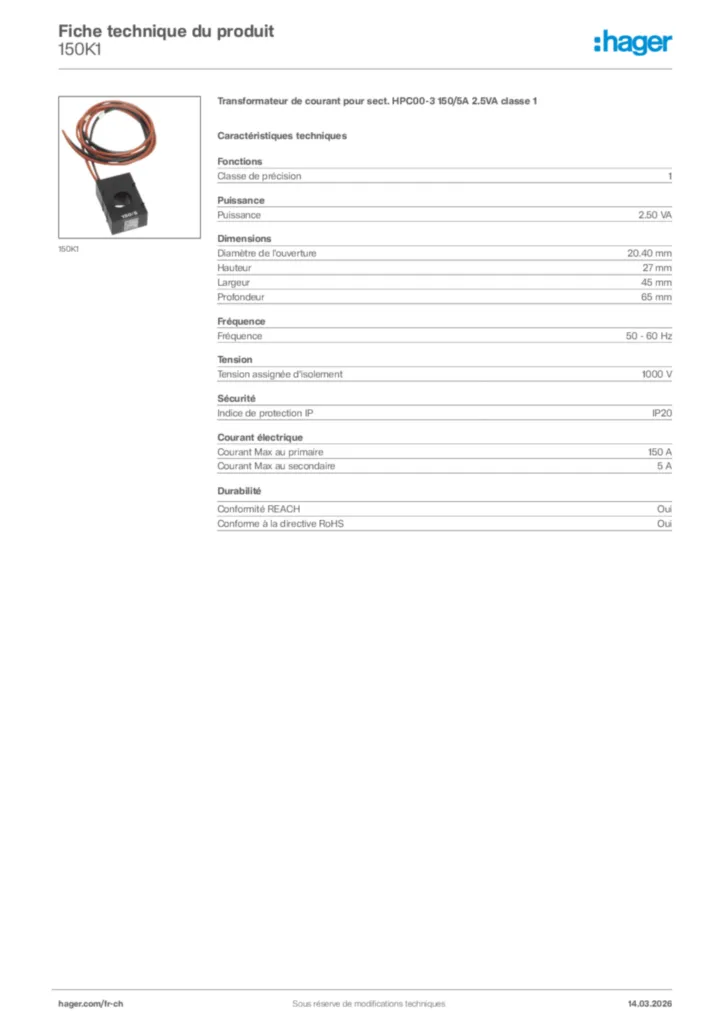 Image Hager Fiche technique du produit 150K1 | Hager Suisse