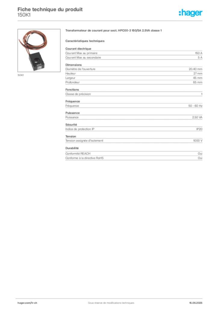Image Hager Fiche technique du produit 150K1 | Hager Suisse