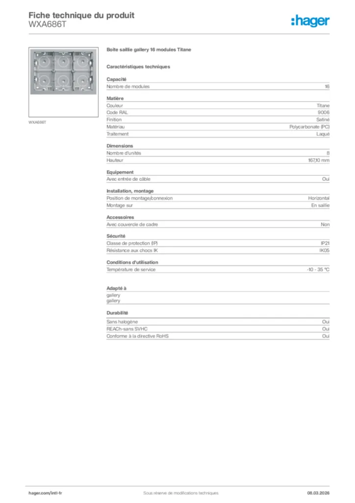 Image Hager Fiche technique du produit WXA686T | Hager Afrique