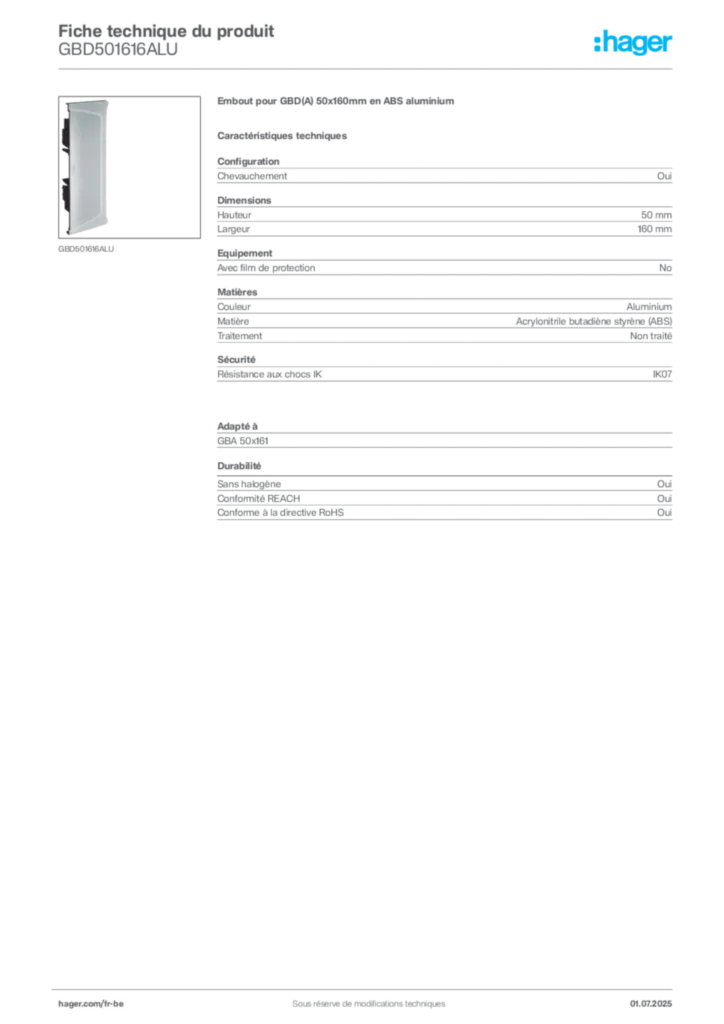 Image Hager Fiche technique du produit GBD501616ALU | Hager Belgique