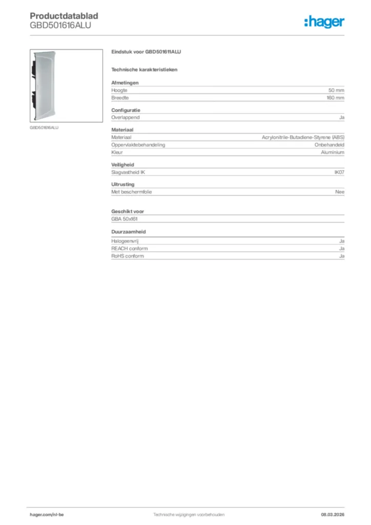 Afbeelding Hager Productdatablad GBD501616ALU | Hager Belgium