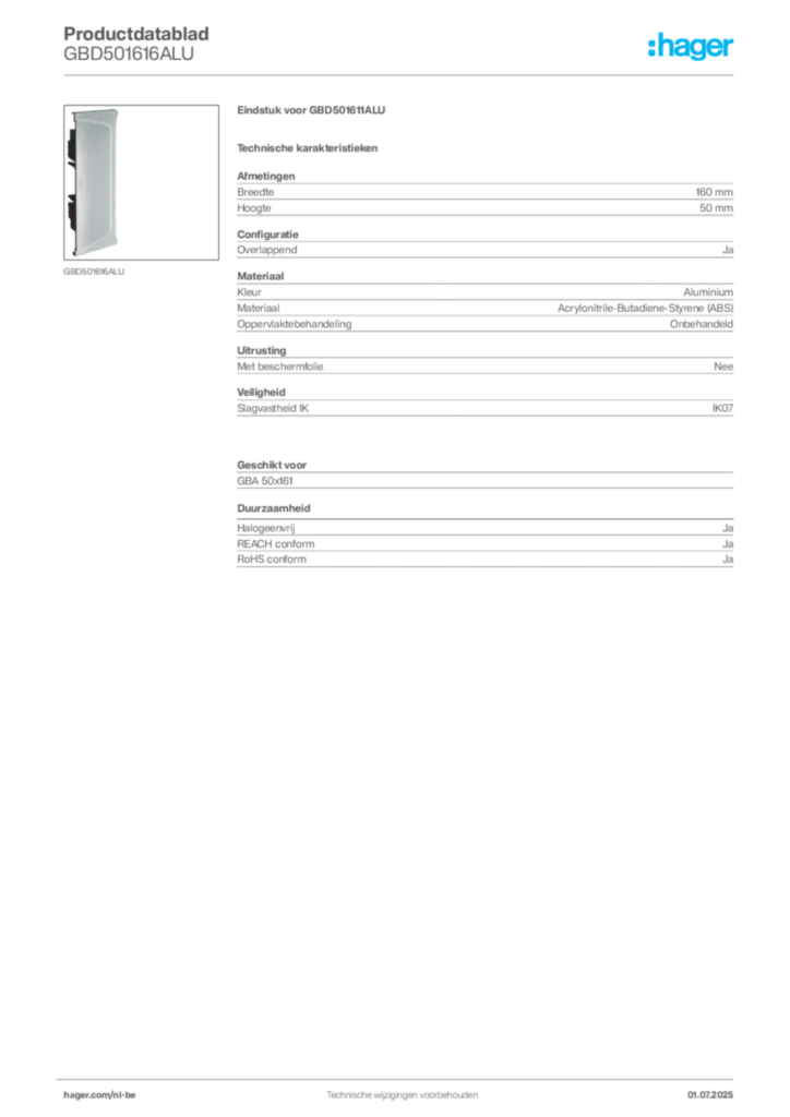 Afbeelding Hager Productdatablad GBD501616ALU | Hager Belgium