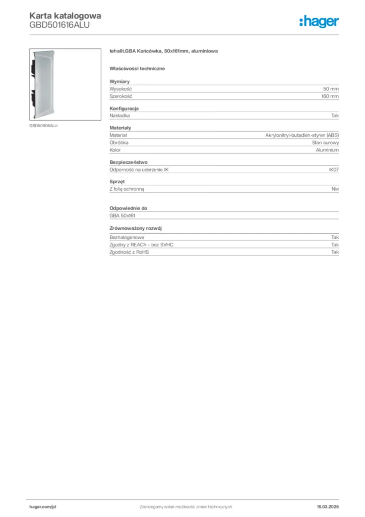 Zdjęcie Hager Karta katalogowa GBD501616ALU | Hager Polska