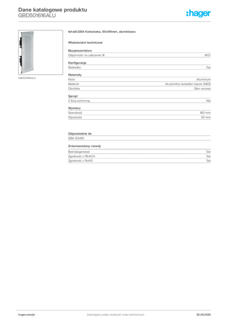 Zdjęcie Hager Karta katalogowa GBD501616ALU | Hager Polska