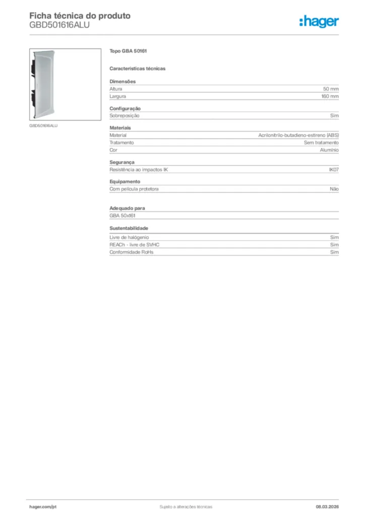 Imagem Hager Ficha técnica do produto GBD501616ALU | Hager Portugal