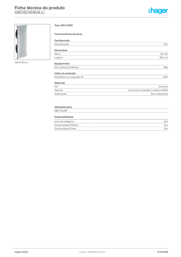 Imagem Hager Ficha técnica do produto GBD501616ALU | Hager Portugal