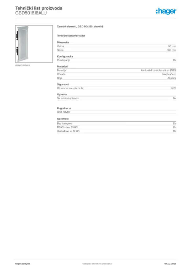 Slika Hager Tehnički list proizvoda GBD501616ALU  | Hager