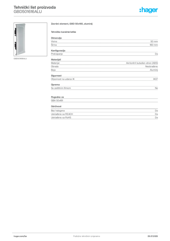 Slika Hager Product data sheet GBD501616ALU  | Hager