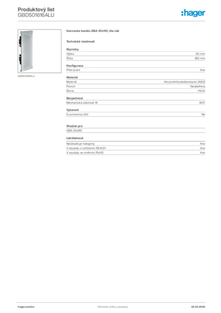 Obrázek Hager Product data sheet GBD501616ALU | Hager