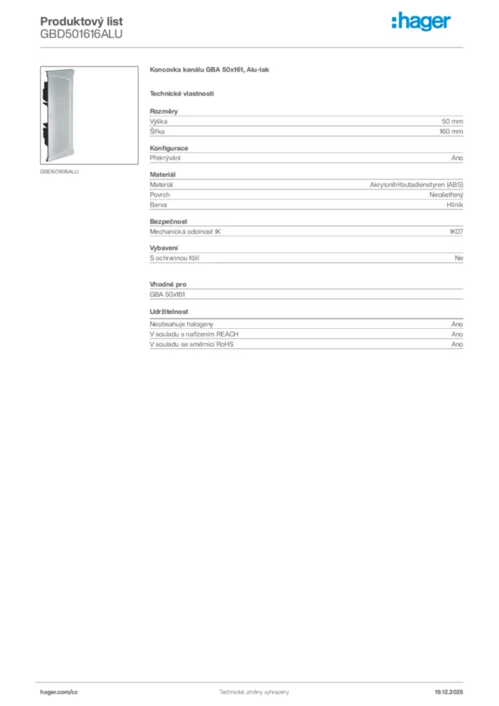 Obrázek Hager Produktový list GBD501616ALU | Hager