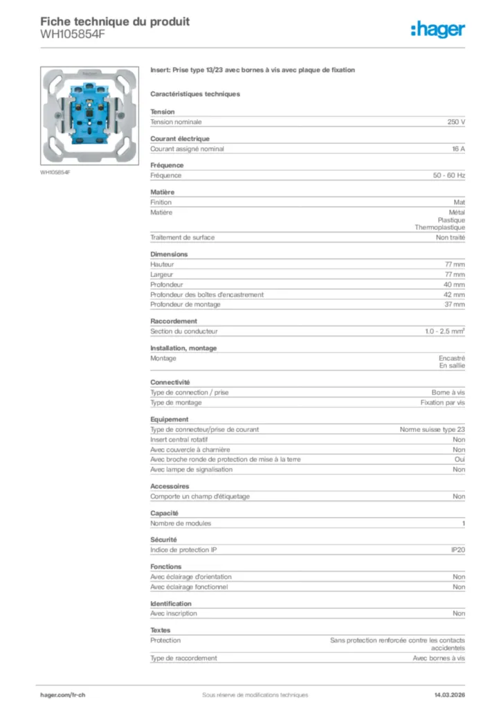 Image Hager Fiche technique du produit WH105854F | Hager Suisse