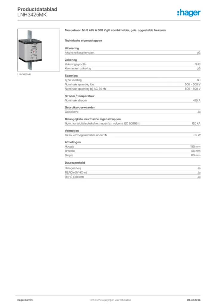 Afbeelding Hager Productdatablad LNH3425MK | Hager Nederland