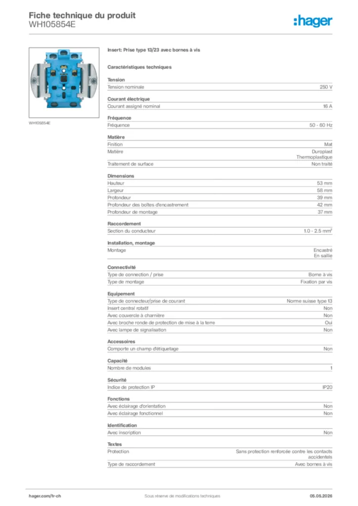 Image Hager Fiche technique du produit WH105854E | Hager Suisse