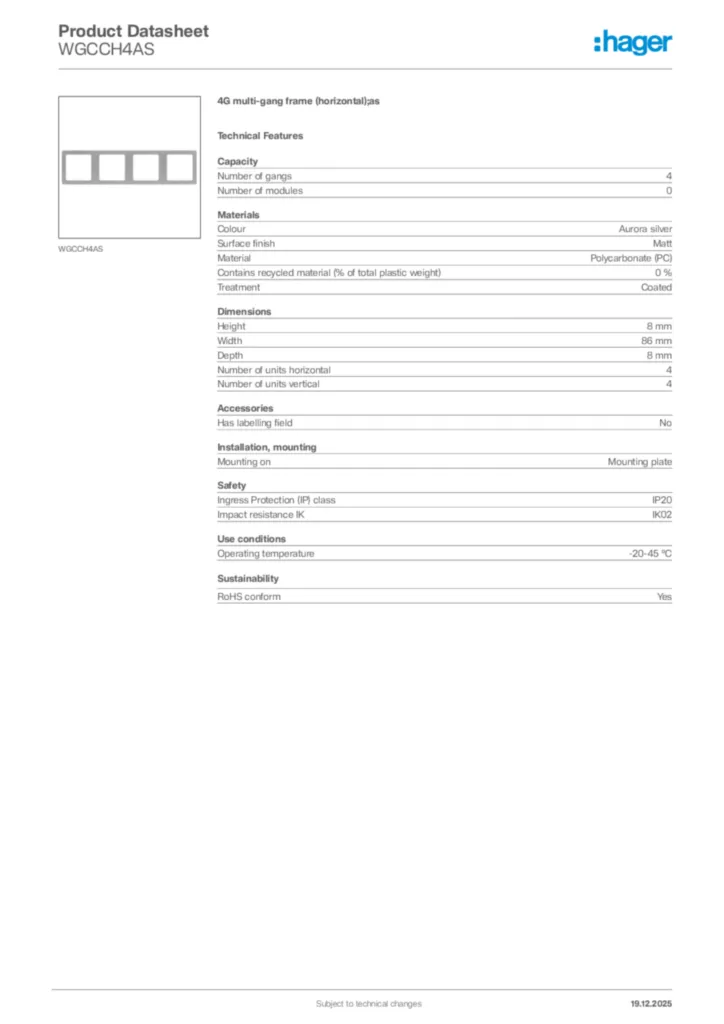 Image Hager Product data sheet WGCCH4AS  | Hager Africa