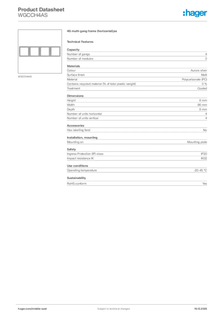 Image Hager Product data sheet WGCCH4AS  | Hager