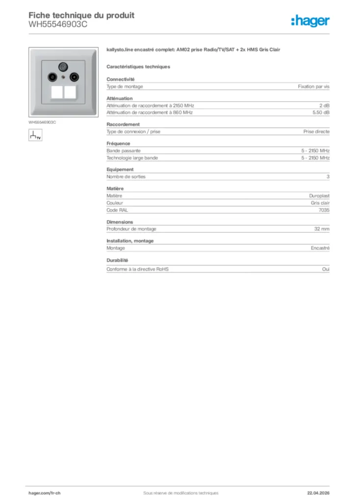 Image Hager Fiche technique du produit WH55546903C | Hager Suisse