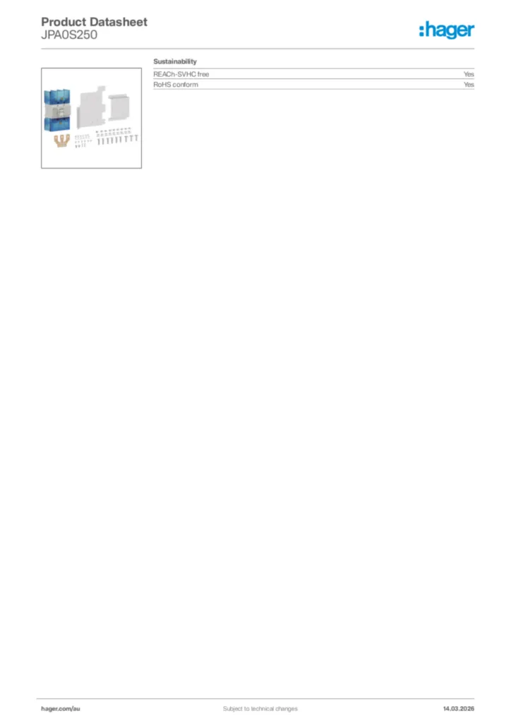 Image Hager Product data sheet JPA0S250  | Hager Australia