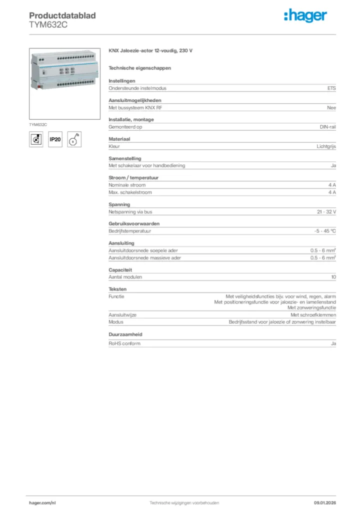 Afbeelding Hager Productdatablad TYM632C | Hager Nederland