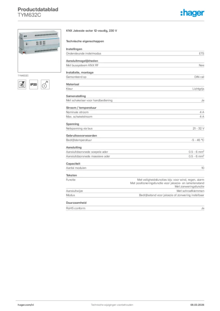 Afbeelding Hager Productdatablad TYM632C | Hager Nederland