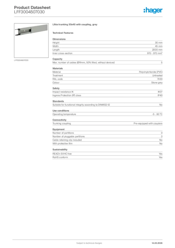 Image Hager Product data sheet LFF3004507030  | Hager Africa