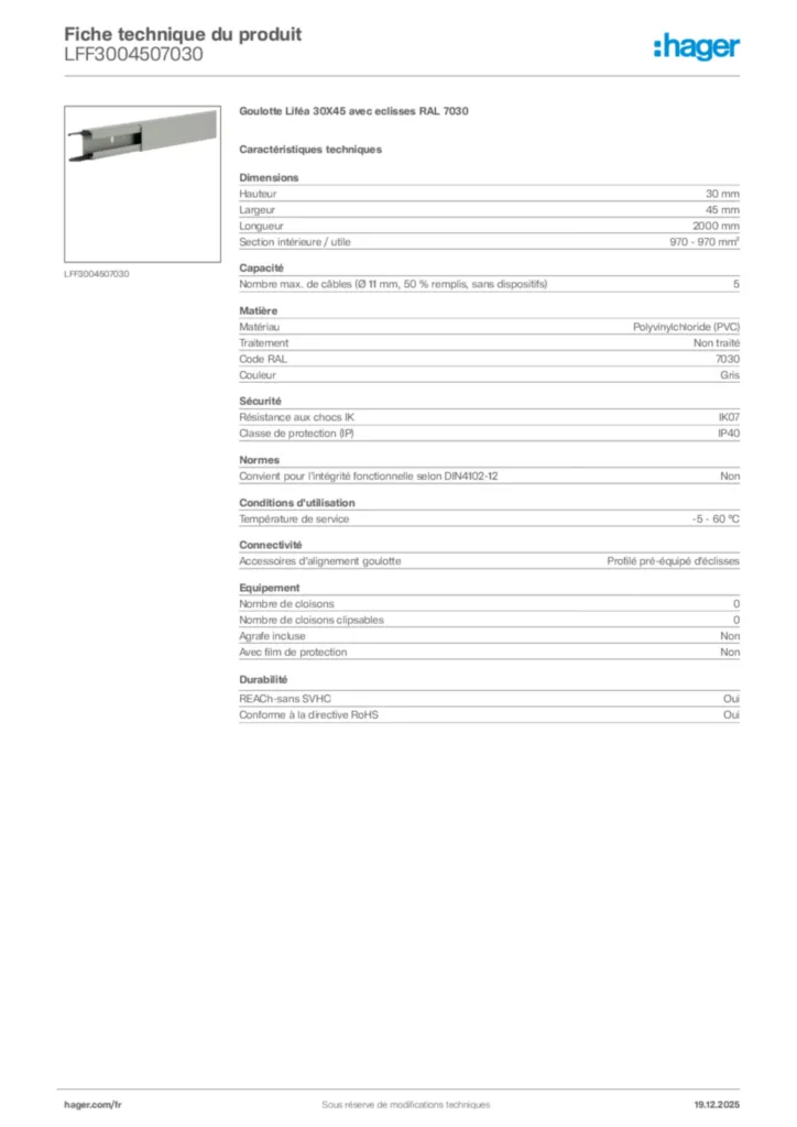 Image Hager Fiche technique du produit LFF3004507030 | Hager France