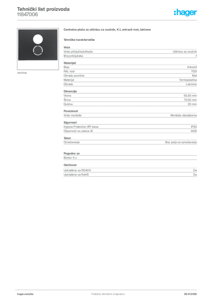 Slika Hager Product data sheet 11847006  | Hager